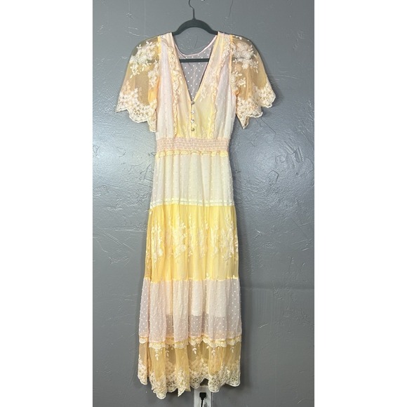 The Unbranded Brand Dresses & Skirts - Yellow Pink Maxi Dress Polka Dots Floral Lace Smocked Waist Flutter Sleeve Small